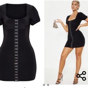 Love Letter Womens Hook & Eye Black Puff Sleeve Square Neck Mini Dress Size S-M